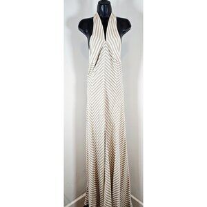 New York and Company Khaki Striped Halter Top Backless Maxi Dress - SZ 2XL